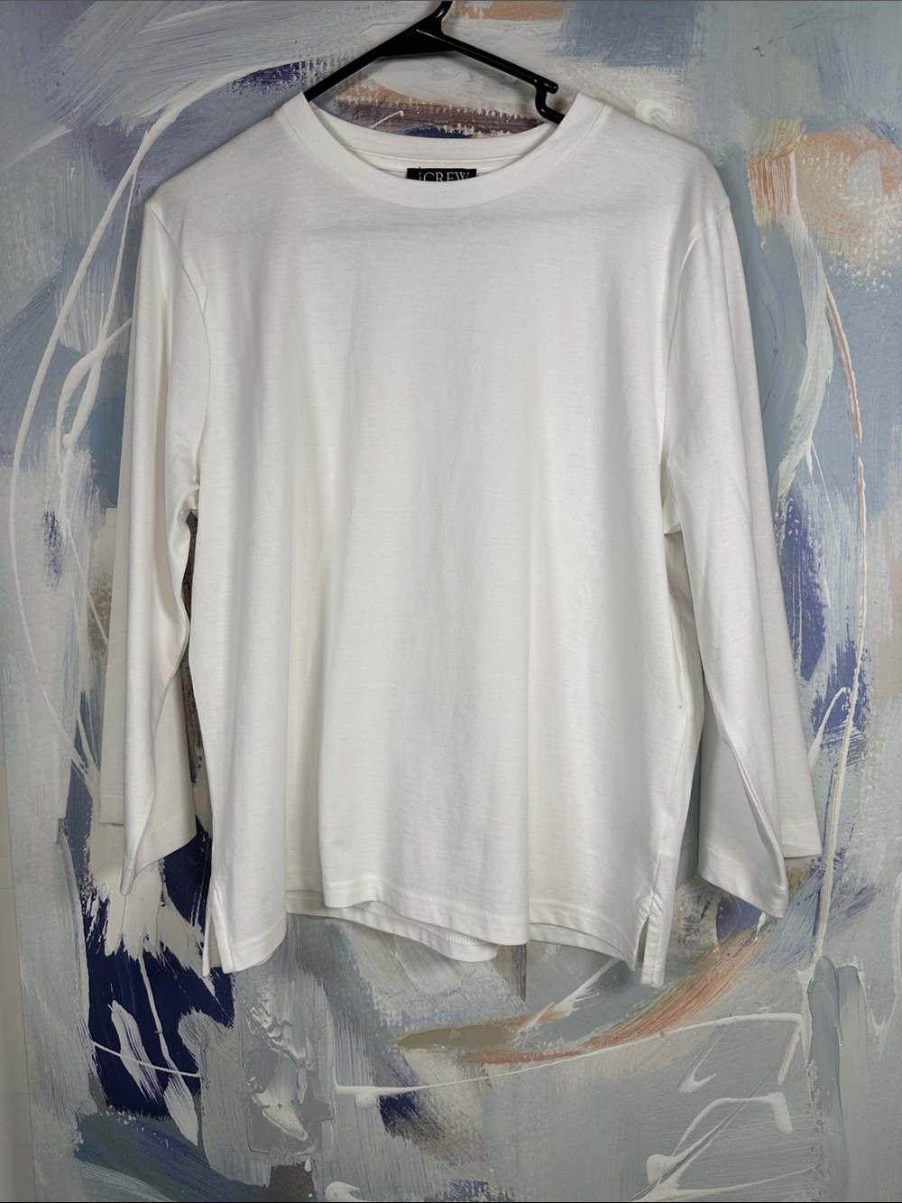J.Crew White Long 3/4 Sleeve Crewneck Cotton T-Shirt Side Slit Hem Size S